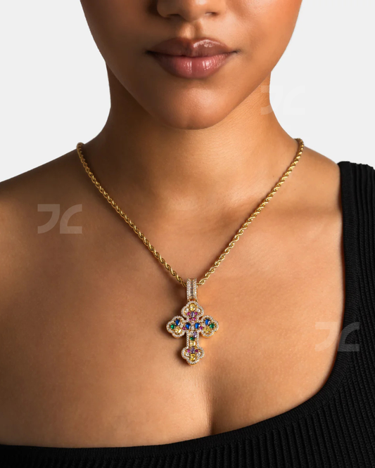 Mosaic Gemstone Cross Pendant Gold