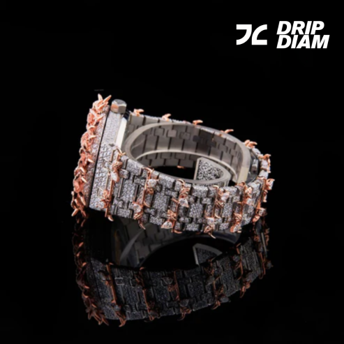 Fully Iced-Out Diamond Skeleton Luxury Watch with Rose Gold Accents – Bold Statement Timepiece for Men
