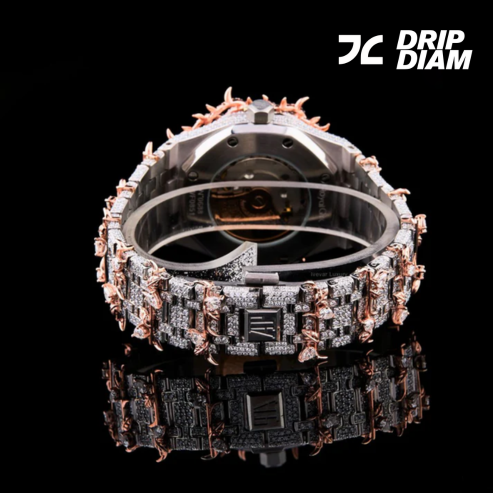 Fully Iced-Out Diamond Skeleton Luxury Watch with Rose Gold Accents – Bold Statement Timepiece for Men