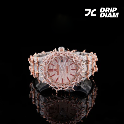 Fully Iced-Out Diamond Skeleton Luxury Watch with Rose Gold Accents – Bold Statement Timepiece for Men