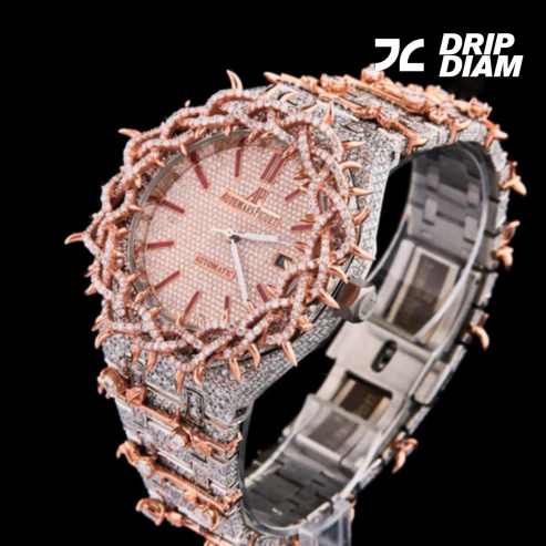 Fully Iced-Out Diamond Skeleton Luxury Watch with Rose Gold Accents – Bold Statement Timepiece for Men