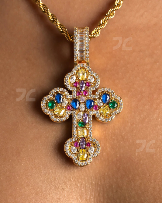 Mosaic Gemstone Cross Pendant Gold
