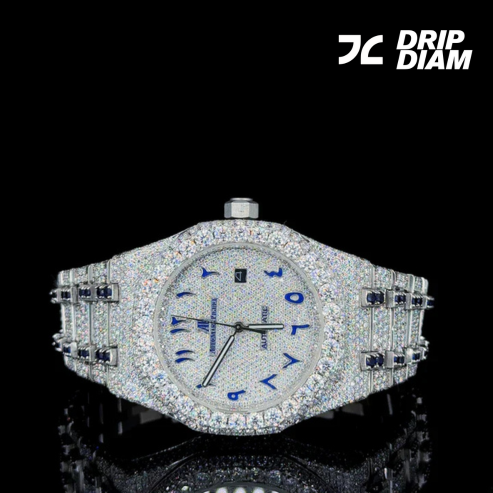 Full Iced-Out White & Bule Ruby With Blue Arabic Dial Moissanite Diamond Regular price By CrownIce